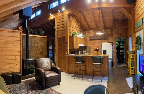 Thompsonville House | Up-north wood cabin, steps from river, 1 mile to Crystal Mtn Resort, free wifi.