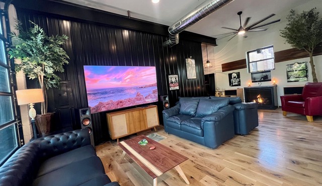 New renovation retro-Modern 1960s Service Station Fireplace 100″ TV garage